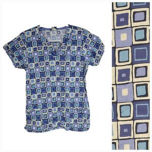 Medical Scrubs Top Blue Graphica V-neck Uniform Geo Grid Pocket WS Scrub